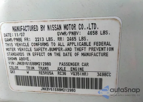 2008 Infiniti G35 Journey z USA, uszkodzony, nr VIN JNKBV61E88M212980